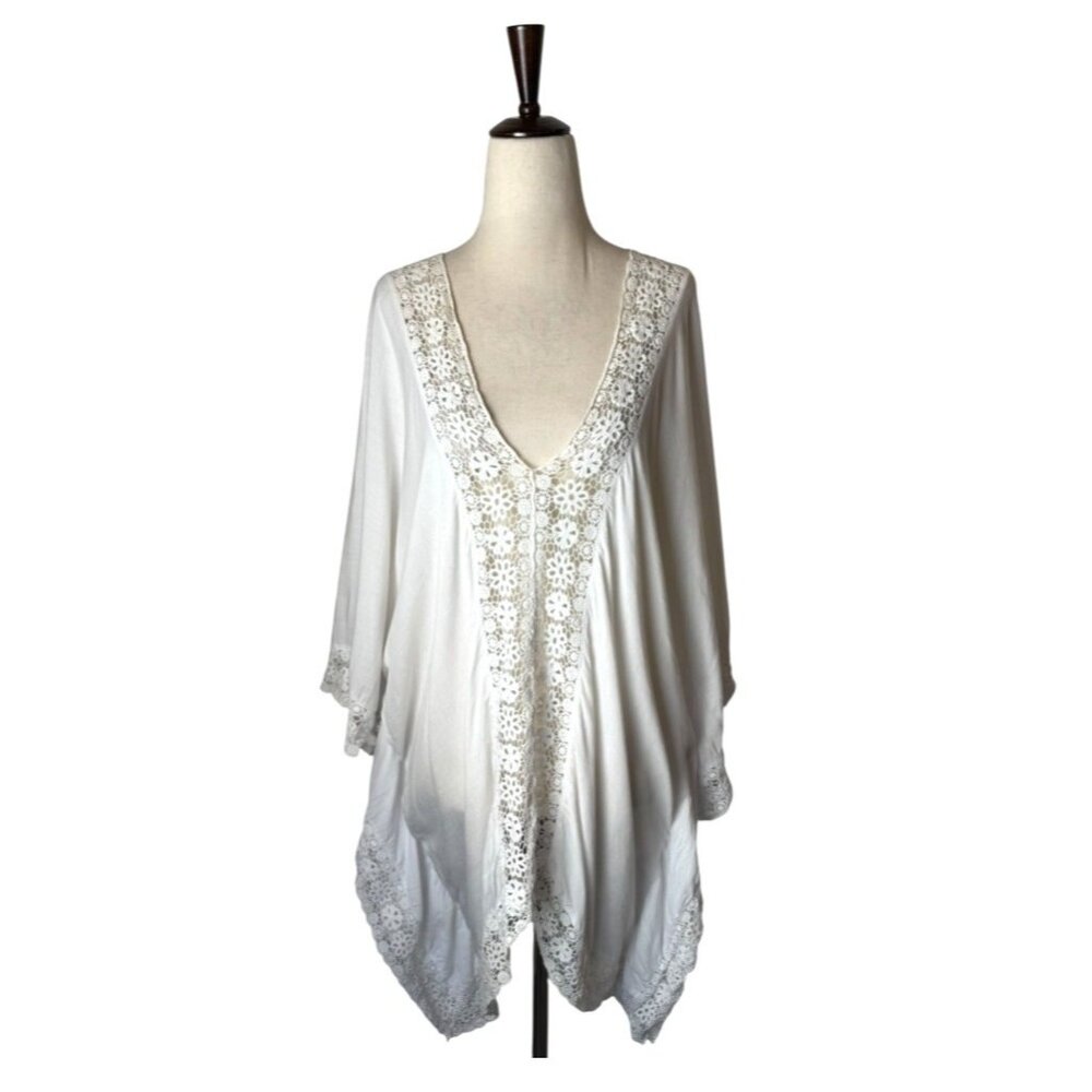 Tiare Hawaii Coverup Women OS White Crochet Embroidered Flowy Beach Swim Boho‎